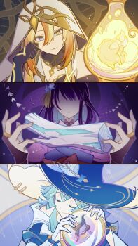 1boy 3girls albedo_(genshin_impact) alternate_costume andersdotter_(genshin_impact) bare_shoulders blonde_hair blue_hair blue_hat branch breasts bridal_gauntlets chinese_commentary cleavage closed_eyes closed_mouth dragon_boy dragon_horns dragon_tail dragon_wings dress durin_(genshin_impact) electro_symbol_(genshin_impact) expressionless faceless faceless_female flask floating genshin_impact gloves gradient_hair hair_ornament hands_up happy hat head_tilt heterochromia highres hood hood_up horns irminsul japanese_clothes kimono leaning_forward leaning_to_the_side light_smile long_hair mini_durin_(genshin_impact) mother_and_son multicolored_hair multiple_girls neck_ribbon no_eyes off_shoulder purple_kimono raiden_shogun red_lips red_ribbon red_sash rhinedottir_(genshin_impact) ribbon sash scaramouche_(genshin_impact) shade short_hair short_sleeves sleeping smirk spoilers streaked_hair tail white_gloves wings witch witch_hat zeal70233131