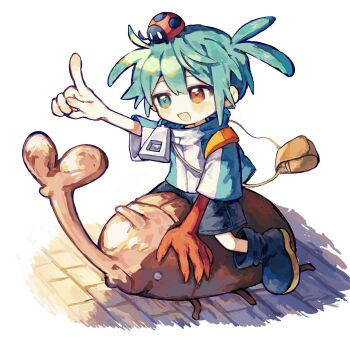 1boy beetle black_boots black_shorts blue_eyes blue_hair blush boots brown_bag bug double-parted_bangs griffon0416 hair_between_eyes heterochromia highres index_finger_raised insect ladybug male_focus open_mouth puyopuyo red_eyes short_hair short_sleeves shorts sig_(puyopuyo) simple_background smile solo white_background zipper zipper_pull_tab