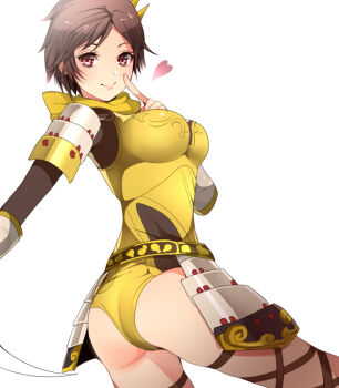 1girl armor ass bad_id bad_pixiv_id belt bikini_armor breasts brown_eyes brown_hair cowboy_shot cross-laced_clothes cross-laced_legwear eyelashes faulds female_focus finger_to_mouth hair_ornament heart japanese_armor komekei kusazuri large_breasts leotard long_sleeves looking_at_viewer looking_back nene_(sengoku_musou) red_eyes scarf sengoku_musou sengoku_musou_2 sengoku_musou_3 short_hair shoulder_armor simple_background smile sode solo spoken_heart standing white_background