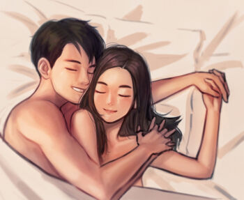 1boy 1girl absurdres affectionate afterglow artist_self-insert bed_sheet black_hair brown_hair closed_eyes closed_mouth commentary completely_nude couple from_above grin happy hetero highres interlocked_fingers jungon_kim long_hair lying naked_sheet nude on_back on_bed original pillow shared_blanket smile teeth under_covers