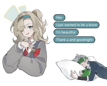 1girl 2girls ;d absurdres black_coat blue_hairband coat cropped_torso drooling english_text grey_hair grey_sweater hairband hand_up highres holding holding_stuffed_toy lying matilda_bouanich multiple_girls necktie on_side one_eye_closed one_side_up open_mouth pillow quanx70909457 red_necktie reverse:1999 shirt sleep_mask smile stuffed_animal stuffed_frog stuffed_toy sweater upper_body vertin_(reverse:1999) white_background white_shirt