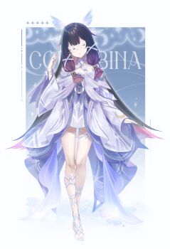 014_1108 1girl absurdres ankle_ribbon barefoot black_hair blush bread character_name closed_mouth columbina_(genshin_impact) commentary_request dress feathered_wings food full_body genshin_impact gradient_hair hair_ribbon head_wings highres leg_ribbon long_hair multicolored_hair multiple_wings pink_hair ribbon smile solo very_long_hair white_dress white_ribbon wings wrist_ribbon