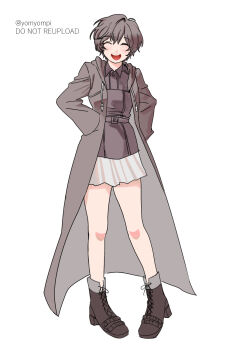 1girl black_boots black_coat black_hair black_shirt boots closed_eyes coat collared_shirt drawstring eyelashes full_body hands_in_pockets high_heel_boots high_heels highres hood hood_down hooded_coat kingdom_hearts long_sleeves open_clothes open_coat open_mouth shirt short_hair simple_background skirt smile solo standing teeth twitter_username upper_teeth_only white_background white_skirt xion_(kingdom_hearts) yomyompi