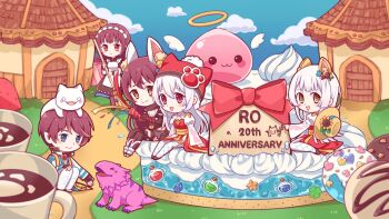 1boy 4girls :3 aliza_(ragnarok_online) angeling anniversary apron arch_bishop_(ragnarok_online) black_choker black_gloves black_thighhighs blue_eyes blue_sky bow broom brown_dress brown_hair brown_hat cake chibi chibi_only chinese_commentary choker closed_mouth cloud commentary_request cross cross_choker cross_of_prontera cup day deviruchi donut dress fingerless_gloves fishnet_thighhighs fishnets food full_body gloves guillotine_cross_(ragnarok_online) halo hat highres holding holding_broom house jacket juliet_sleeves lizard long_hair long_sleeves looking_at_another looking_at_viewer maid maid_headdress multiple_girls open_mouth outdoors party_popper pitaya_(ragnarok_online) pointy_ears puffy_sleeves ragnarok_online red_bow red_dress red_eyes sash short_hair sitting sky slime_(creature) smile standing teacup thighhighs traditional_halo two-tone_dress w051 white_apron white_dress white_hair white_jacket white_thighhighs yellow_eyes yellow_sash