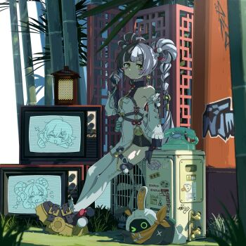 >_o 1girl absurdres ahoge antique_phone arm_support bamboo bangboo_(zenless_zone_zero) bare_shoulders belle_(zenless_zone_zero) black_hair black_shoes black_shorts blush braid braided_twintails china_dress chinese_clothes commentary_request corded_phone detached_sleeves dialyn_(zenless_zone_zero) dress earrings eous_(zenless_zone_zero) full_body green_eyes guest_art hair_extensions hair_ornament hairclip highres jewelry lantern leaning_back leaning_on_object long_hair looking_at_viewer multicolored_hair necktie one_eye_closed outdoors panda_hair_ornament phone pusen_(puuu_sen555) ring_hair_extensions rotary_phone shoes shorts split-color_hair television thighhighs white_dress white_hair white_thighhighs yellow_necktie zenless_zone_zero