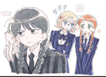 ... 3girls the_addams_family agnes_demille anger_vein black_bow black_bowtie black_hair black_jacket black_necktie blonde_hair blue_eyes blue_hair blue_jacket blunt_bangs bow bowtie braid collared_shirt crossed_arms disembodied_hand enid_sinclair furrowed_brow green_eyes grey_eyes hair_over_shoulder hand_on_another&#039;s_shoulder highres jacket looking_at_another multiple_girls necktie nervous_smile orange_hair pink_hair school_uniform shaded_face shirt short_bangs smile spoken_anger_vein spoken_ellipsis stitched_hand striped_clothes striped_jacket suit_jacket thing_(the_addams_family) twin_braids twintails wednesday_(netflix) wednesday_addams white_background white_shirt zzpencil