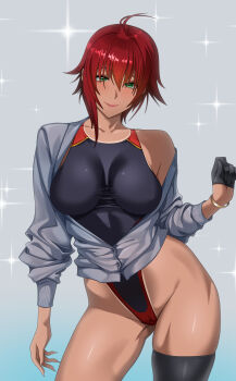 1girl antenna_hair black_thighhighs bracelet breasts dark-skinned_female dark_skin gloves green_eyes hair_over_eyes half_gloves highleg highleg_leotard highres impossible_clothes impossible_leotard indy_k jacket jewelry large_breasts leotard medium_hair open_clothes open_jacket original red_hair single_half_glove single_thighhigh skin_tight smile solo standing super_highleg thighhighs
