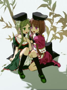 Rule 34 | 2girls, apron, ben-day dots, black hat, black socks, black trim, blonde hair, bloomers, blunt bangs, brown hair, collar, commentary, dress, gold bowtie, gold buttons, gold trim, green dress, green eyes, green footwear, hand on another's arm, hand on another's shoulder, hat, highres, hug, kaigen 1025, kneehighs, kneeling, knees up, leaf, light blush, long sidelocks, looking at another, multiple girls, nishida satono, open mouth, parted bangs, purple dress, purple eyes, purple footwear, red ribbon, red trim, ribbon, sash, screentones, shade, short hair, sidelocks, simple background, sitting, smile, socks, tate eboshi, teireida mai, touhou, tree, underwear, unmoving pattern, white background, white bloomers, white collar, white sash