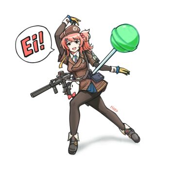 1girl ahoge animal_charm anime_girl_throwing_things_(meme) ankle_boots arm_above_head artist_name bear_charm beret black_boots boots breasts brown_coat brown_hat candy cheeta_(girls&#039;_frontline_2) coat coat_dress collared_shirt dress food girls&#039;_frontline girls&#039;_frontline_2:_exilium gloves gun h&amp;k_mp7 hair_ornament hairclip hat highres lollipop looking_at_viewer marpaparp medium_breasts medium_hair meme mp7_(girls&#039;_frontline) necktie pantyhose pink_hair shirt side_ponytail solo speech_bubble submachine_gun suppressor teeth throwing upper_teeth_only weapon white_background yellow_eyes