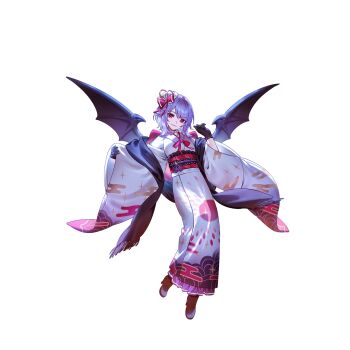 1girl alternate_costume apron bat_wings black_gloves black_scarf bow closed_mouth cloud cloud_print egasumi furisode game_cg gloves hat highres japanese_clothes kimono light_smile long_hair long_sleeves looking_at_viewer multicolored_kimono non-web_source obi obiage obijime official_art print_kimono purple_hair red_eyes red_sash remilia_scarlet sash scarf second-party_source solo touhou touhou_gensou_eclipse transparent_background u_u_zan white_kimono wide_sleeves wings