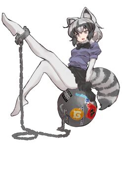 1girl absurdres animal_ears arairestaurant ball_and_chain_restraint black_bow black_bowtie black_gloves black_hair black_skirt blue_sweater bow bowtie brown_eyes common_raccoon_(kemono_friends) elbow_gloves extra_ears fur_collar gloves grey_gloves grey_hair grey_pantyhose hair_between_eyes highres japari_symbol kemono_friends leg_up multicolored_hair no_shoes open_mouth pantyhose parental_advisory pleated_skirt puffy_short_sleeves puffy_sleeves raccoon_ears raccoon_girl raccoon_tail short_hair short_sleeves sidelocks sitting skirt solo sweater tail twitter_logo white_fur