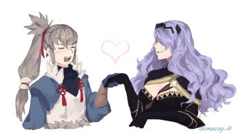 Rule 34 | 1boy, 1girl, amaasagi 68, between breasts, blush, breasts, camilla (fire emblem), chignon, cleavage, closed eyes, fire emblem, fire emblem fates, grey hair, heart, holding hands, nintendo, older female and younger male, purple hair, simple background, strap between breasts, takumi (fire emblem), tiara