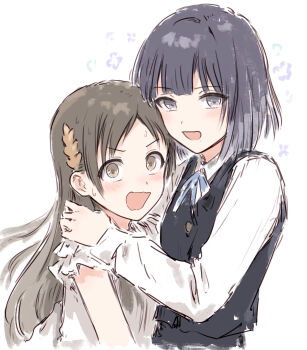 2girls black_hair black_vest blue_ribbon brown_eyes brown_hair collared_shirt gakuen_idolmaster grey_eyes grey_shirt hair_ornament hand_on_another&#039;s_shoulder hataya_misuzu hatsuboshi_gakuen_school_uniform highres idolmaster kuramoto_china long_hair long_sleeves looking_at_viewer medium_hair mole mole_under_mouth multiple_girls neck_ribbon open_mouth parted_bangs ribbon school_uniform shirt short_sleeves simple_background v-shaped_eyebrows vest wavy_mouth white_background white_shirt yukitake_(xuserpost)