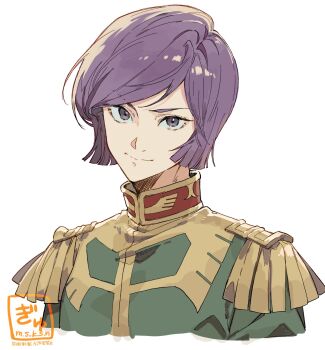 Rule 34 | 1boy, artist name, closed mouth, commentary request, cropped shoulders, epaulettes, garma zabi, green jacket, gundam, gyuunyuu (mashika), high collar, highres, jacket, looking at viewer, male focus, mobile suit gundam, portrait, purple hair, short hair, simple background, smile, solo, upper body, white background