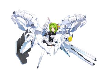1girl black_dress breasts choukou_(alicesoft) choukou_taisen_escalation_heroines choukou_tenshi_escalayer dress green_hair gun highres holding holding_gun holding_weapon kouenji_madoka looking_at_viewer mechanical_wings official_art onigirikun red_eyes short_hair small_breasts solo thighhighs weapon white_thighhighs wings