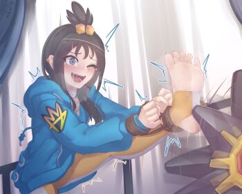 1girl ;d barefoot black_hair blue_hoodie breath chinese_commentary clenched_hands commentary_request feet galiter gen_1_pokemon grey_eyes highres hood hood_down hoodie leg_up leggings lida_(pokemon) long_hair motion_blur nintendo one_eye_closed open_mouth pokemon pokemon_(creature) pokemon_legends:_z-a raised_inner_eyebrows restrained rope saliva smile soles starmie stirrup_legwear tearing_up teeth tickling tickling_feet toeless_legwear toes tongue