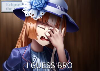 1girl akikawa_yayoi_(umamusume) ascot blue_jacket brown_hair closed_eyes commentary english_commentary fang hand_on_own_face hat highres i_guess_bro_(meme) jacket long_hair long_sleeves manjo_(warito) meme multicolored_hair open_mouth orange_hair solo streaked_hair sun_hat umamusume white_ascot white_hair