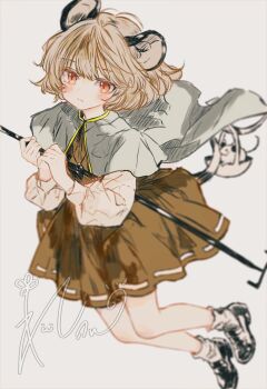 1girl animal animal_ears basket blush brown_dress capelet closed_mouth dowsing_rod dress grey_capelet grey_hair highres holding ichiya_refi jewelry long_sleeves looking_at_viewer mouse_ears mouse_tail nazrin pendant red_eyes shirt shoes short_hair signature simple_background socks solo tail touhou undefined_fantastic_object white_shirt white_socks