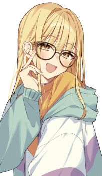 1girl blonde_hair blush commentary_request fang fujita_kotone gakuen_idolmaster glasses hair_down highres hood hooded_jacket idolmaster jacket open_mouth shirt sidelocks simple_background skin_fang solo upper_body usamimikurage white_background yellow_eyes yellow_shirt