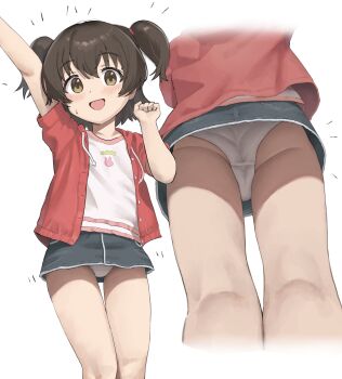 1girl akagi_miria arm_up ass black_skirt blush brown_eyes brown_hair cameltoe drawstring female_focus from_behind from_below gluteal_fold highres idolmaster idolmaster_cinderella_girls jacket kneepits loli looking_at_viewer multiple_views open_clothes open_jacket open_mouth panties pantyshot red_jacket shirt short_hair short_sleeves short_twintails simple_background skirt smile susu_(ysy) sweatdrop thighs twintails underwear upskirt white_background white_panties white_shirt