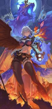 1girl asymmetrical_wings belt black_jacket black_shorts blue_bra blue_hands bra chimera_(wuthering_waves) closed_mouth colored_inner_hair commentary criss-cross_straps cropped_jacket duplicate fang fire from_below galbrena_(wuthering_waves) gun highres holding holding_gun holding_weapon horns jacket looking_at_viewer m.q_(mqkyrie) mismatched_wings mole mole_on_neck multicolored_hair navel purple_eyes purple_snake short_hair shorts single_leg_pantyhose single_wing snake standing studded_belt symbol-only_commentary tacet_discord_(wuthering_waves) underwear weapon white_hair wings wuthering_waves