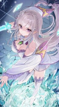 1girl bare_shoulders blunt_bangs boots braid breasts cleavage crown_braid crystal detached_collar detached_sleeves dress elf emilia_(re:zero) floating_hair flower frilled_sleeves frills gem grey_hair hair_flower hair_ornament hair_ribbon harunn2288 highres holding holding_sword holding_weapon ice large_breasts leg_up long_hair long_sleeves looking_at_viewer low-tied_long_hair medium_breasts miniskirt pleated_skirt pointy_ears purple_eyes purple_ribbon re:zero_kara_hajimeru_isekai_seikatsu ribbon rose skirt solo standing standing_on_one_leg sword thigh_boots thighhighs very_long_hair weapon white_dress white_flower white_hair white_rose white_sleeves white_thighhighs wide_sleeves x_hair_ornament zettai_ryouiki