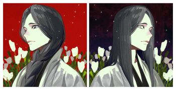 1girl absurdres black_hair black_kimono bleach blue_eyes braid dark_background dual_persona eyelashes flower from_side haori highres japanese_clothes jou_(jo_jjo) kimono lips long_hair looking_at_viewer pale_skin red_background single_braid solo split_screen straight_hair unohana_retsu white_flower white_haori