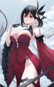 1girl absurdres animal_ears annasui_factory azur_lane bare_hips black_gloves black_hair breasts chien_wu_(azur_lane) china_dress chinese_clothes cleavage cloud commentary detached_sleeves dress earrings english_commentary gloves hair_ornament hand_up highres jewelry large_breasts light_particles light_rays long_sleeves looking_at_viewer mole mole_under_eye open_mouth outdoors red_dress red_eyes short_hair signature spider_web_pattern spider_web_print thigh_strap thighs wide_sleeves