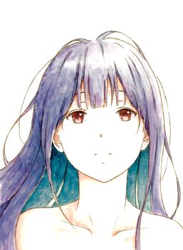 1girl absurdres bare_shoulders bbmasa closed_mouth collarbone commentary hibike!_euphonium highres liz_to_aoi_tori long_hair looking_at_viewer portrait purple_eyes red_eyes solo traditional_media yoroizuka_mizore