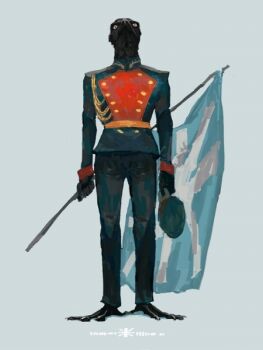1boy animal_feet bird bird_boy black_coat black_feathers blue_background claws coat commentary_request crow feathers flag full_body furry furry_male hat holding holding_flag holding_unworn_clothes holding_unworn_hat male_focus military_uniform nagabe original peaked_cap simple_background solo standing union_jack unworn_hat unworn_headwear white_eyes