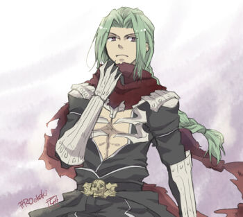 Rule 34 | 1boy, armor, assassin cross (ragnarok online), black pants, black shirt, brown eyes, chiya (beastbeast), closed mouth, commentary request, curtained hair, frown, green hair, long hair, looking at viewer, male focus, pants, pauldrons, purple background, ragnarok online, red scarf, scarf, shirt, shoulder armor, solo, torn clothes, torn scarf, upper body, v-shaped eyebrows, vambraces, white background