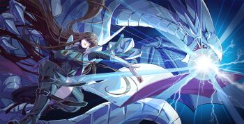 1girl absurdres black_shirt blue-eyes_white_dragon blue_eyes breasts brown_hair card card_pendant coat dress duel_monster facing_to_the_side genderswap genderswap_(mtf) highres holding holding_card jacket jewelry kaiba_seto large_breasts long_hair open_mouth shirt sleeveless sleeveless_coat trading_card white_coat yu-gi-oh! yu-gi-oh!_duel_monsters zackpyo