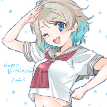1girl 2023 abs arm_up arms_up blue_eyes blue_hair blush breasts brown_hair collarbone collared_shirt commentary_request grey_hair grey_sailor_collar grey_skirt hand_up happy_birthday head_tilt looking_at_viewer love_live! love_live!_sunshine!! midriff multicolored_hair neckerchief necktie one_eye_closed open_mouth polka_dot red_neckerchief red_necktie sailor_collar salute school_uniform serafuku shinanoya_(satanicad) shirt short_hair short_sleeves simple_background skirt smile solo stomach streaked_hair striped_clothes summer_uniform toned tongue upper_body uranohoshi_school_uniform watanabe_you wavy_hair white_background