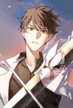 2boys ahoge black_coat black_eyes black_shirt blue_sky bruise bruise_on_face cloud coat collarbone collared_coat collared_shirt commentary_request curtained_hair floating_hair flying_sweatdrops hair_over_one_eye hand_up highres holding holding_sword holding_weapon injury kim_dokja male_focus multiple_boys official_art_redraw omniscient_reader&#039;s_viewpoint open_clothes open_coat open_mouth pov reflection serious shirt short_hair sky sword sword_clash teeth upper_body upper_teeth_only weapon white_coat wide-eyed xiaotujiii yoo_joonghyuk