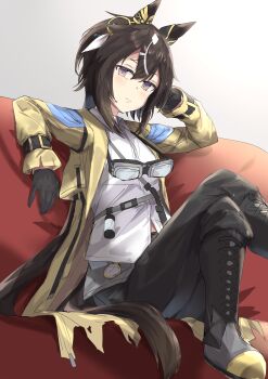 1girl absurdres animal_ears black_boots black_gloves black_pants boots brown_hair coat collared_shirt commentary_request couch ear_covers ear_ornament gloves goggles hair_between_eyes highres horse_ears horse_girl horse_tail knee_up lace-up_boots light_blush looking_at_viewer medium_hair multicolored_hair nagisa_(imizogami) on_couch open_clothes open_coat pants red_eyes shirt sidelocks simple_background sitting solo stay_gold_(umamusume) streaked_hair tail umamusume white_background white_hair yellow_coat