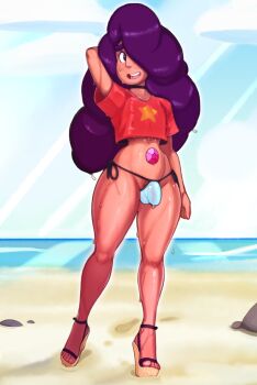 1futa absurdres beach bulge choker connie_maheswaran covered_testicles flaccid fusion futanari hair_over_one_eye high_heels highres misplacedlines open-toe_shoes outdoors panty_bulge platform_heels steven_quartz_universe steven_universe stevonnie_(steven_universe) testicles thick_thighs thighs wedge_heels