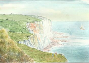 2others ambiguous_gender boat cliff cliffs_of_dover commentary_request day field horizon landscape multiple_others ocean original outdoors painting_(medium) paruperu real_world_location sailboat scenery traditional_media united_kingdom watercolor_(medium) watercraft wide_shot