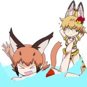 >_< 2girls :3 ? animal_ear_fluff animal_ears animal_print animated arms_behind_head bikini blonde_hair caracal_(kemono_friends) chibi commentary extra_ears fang flailing flower hair_flower hair_ornament jewelry kemono_friends looping_animation multiple_girls necklace one-piece_swimsuit orange_hair ponytail print_bikini red_one-piece_swimsuit serval_(kemono_friends) serval_tail shell shell_necklace short_hair short_ponytail splashing swimming swimsuit tail taro_(tontaro) video wading water