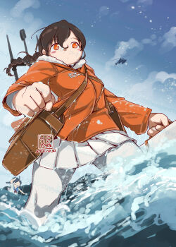 1girl artist_logo bag blue_sky braid brown_hair cloud dated day feet_out_of_frame highres hood hooded_jacket jacket kantai_collection kutone_shirika logo long_hair machinery messenger_bag orange_eyes orange_jacket outdoors pantyhose pleated_skirt shoulder_bag single_braid skirt sky solo souya_(kancolle) souya_agb_(kancolle) water waves white_pantyhose white_skirt