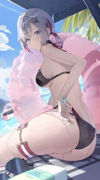 1girl absurdres alternate_hairstyle bikini black_bikini blue_sky blush breasts closed_mouth commentary_request grey_hair highres honkai:_star_rail honkai_(series) innertube looking_at_viewer medium_breasts multicolored_hair numby_(honkai:_star_rail) ocean outdoors ponytail red_hair ren_(renjiyu) short_hair short_ponytail sidelocks sitting sky solo streaked_hair sunglasses swim_ring swimsuit thigh_strap thighs topaz_(honkai:_star_rail) trotter_(honkai:_star_rail) underboob wet