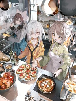 3girls ahoge apron black_necktie blue_eyes brown_eyes brown_hair collared_shirt commentary cooking covered_ears english_commentary flower green_sweater grey_eyes grey_hair hair_flower hair_ornament headscarf heterochromia highres kitchen long_hair loose_necktie multiple_girls necktie open_mouth original partially_unbuttoned ponytail red_eyes ribbed_sweater scenery shirt signature smile sweater watakokyu white_apron white_hair white_headscarf wide_sleeves yellow_shirt