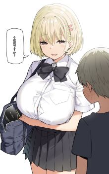 1boy 1girl age_difference bag black_neckwear blonde_hair blush breasts brown_eyes buttons child commentary commentary_request cowboy_shot full-face_blush graphics_card hair_ornament hairclip highres himeko_(sky-freedom) huge_breasts miniskirt nvidia onee-shota open_mouth original pleated_skirt school_bag school_uniform shirt short_hair simple_background skirt sky-freedom speech_bubble standing sweatdrop translated white_background white_shirt