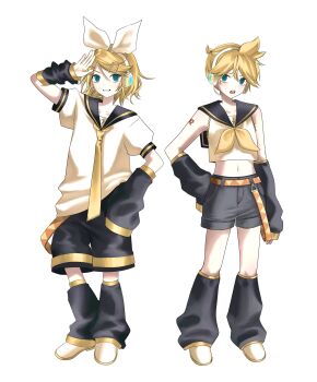 1boy 1girl aqua_eyes arm_up baggy_clothes bare_shoulders bass_clef belt black_leg_warmers black_sailor_collar black_shorts blush bow cosplay costume_switch crossdressing crossdressing_(ftm) crossdressing_(mtf) detached_sleeves embarrassed full_body gold_trim hair_bow hand_on_own_hip headset highres kagamine_len kagamine_rin leg_warmers looking_at_viewer midriff myang_(_0_0_o_o_) navel neckerchief necktie open_mouth ponytail sailor_collar salute shirt shoes short_hair short_ponytail short_sleeves shorts shoulder_tattoo siblings simple_background sleeves_past_fingers sleeves_past_wrists smile standing tattoo treble_clef twins vocaloid white_background white_bow white_shirt white_shoes yellow_neckerchief yellow_necktie