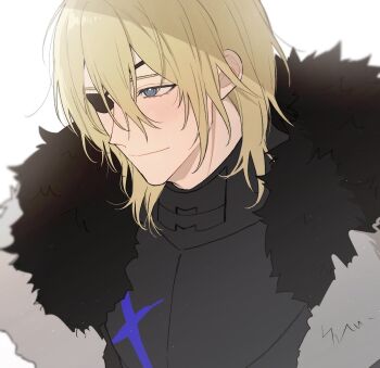 Rule 34 | 1boy, armor, black armor, black fur, blonde hair, blue eyes, breastplate, closed mouth, commentary request, dimitri alexandre blaiddyd, dimitri alexandre blaiddyd (timeskip), eyepatch, fire emblem, fire emblem: three houses, fur trim, hair between eyes, highres, male focus, nintendo, one eye covered, r d9y, smile, solo, upper body, white background, white fur