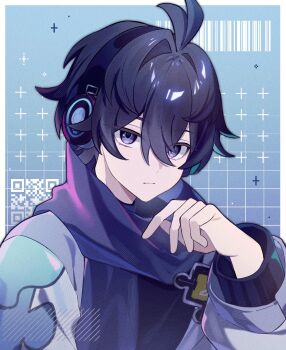 1boy antenna_hair badge barcode black_eyes black_hair colored_inner_hair commentary_request grid_background hair_between_eyes hair_intakes hand_up headphones highres honkai:_star_rail honkai_(series) jacket long_sleeves looking_at_viewer male_focus multicolored_hair pino_(pino2452) puffy_long_sleeves puffy_sleeves scarf short_hair sidelocks stephen_lloyd_(honkai:_star_rail)