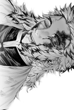 1boy blood blood_on_face close-up closed_eyes commentary_request cropped_shoulders demon_slayer_uniform forehead forked_eyebrows greyscale haori high_collar highres japanese_clothes kimetsu_no_yaiba korean_commentary long_hair male_focus monochrome oeng-go open_mouth rengoku_kyoujurou sidelocks sideways simple_background solo spiked_hair white_background