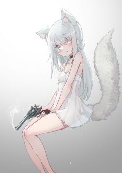 1girl absurdres animal_ears aqua_eyes breasts chemise dress eyes_visible_through_hair fox_ears fox_girl fox_tail gradient_background gun handgun highres holding holding_gun holding_weapon long_hair looking_at_viewer oota_youjo original revolver see-through_clothes small_breasts smoke smoking_barrel solo sundress tail weapon webley-fosbery_automatic_revolver white_chemise white_hair