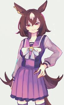 1girl animal_ears bow bowtie breasts brown_hair closed_mouth ear_ornament hair_between_eyes highres horse_ears horse_girl horse_tail long_hair long_sleeves looking_at_viewer medium_breasts multicolored_hair nbnbpuppy purple_sailor_collar purple_serafuku purple_shirt purple_skirt purple_thighhighs red_eyes sailor_collar sailor_shirt school_uniform serafuku shirt simple_background sirius_symboli_(umamusume) skirt smile solo streaked_hair tail thighhighs tracen_school_uniform umamusume very_long_hair white_bow white_bowtie white_hair