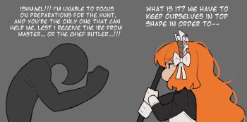 1boy 1girl apron black_dress black_eyes bow chibi dress english_text hair_bow hairband highres ishmael_(project_moon) limbus_company long_hair maid maid_apron maid_headdress orange_hair project_moon vammzu white_bow