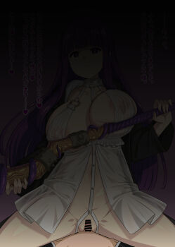 1boy 1girl absurdres bdsm breasts closed_mouth collarbone covered_erect_nipples fellatio_gesture femdom fern_(sousou_no_frieren) gozaru highres holding holding_staff large_breasts long_hair long_sleeves looking_at_viewer mage_staff netorare open_clothes open_robe penis purple_eyes purple_hair pussy revealing_clothes robe sidelocks smile solo sousou_no_frieren spread_legs staff straight_hair translation_request